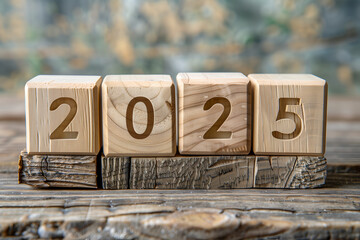 Wooden block with the number 2025 written on it. Background with selective focus and copy space. Antique wood texture. Blocks on rustic wooden background