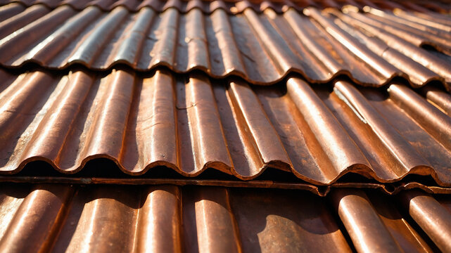 Close-up view of a shiny copper roof with neatly aligned overlapping tiles at sunset.