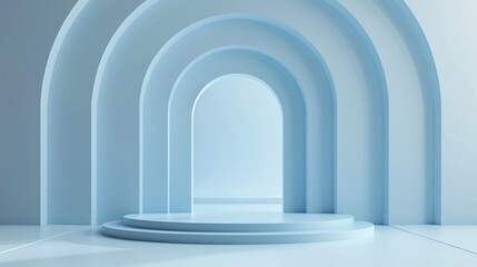 Fototapeta premium 4. Modern blue 3D podium with a doorway, viewed from the front, against a white geometric abstract background, perfect for a sleek and stylish display