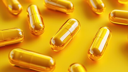 Golden Supplement Capsules on Yellow Background A vibrant image showcasing multiple golden supplement capsules scattered across a yellow background, emphasizing health wellness, nutritional supplement