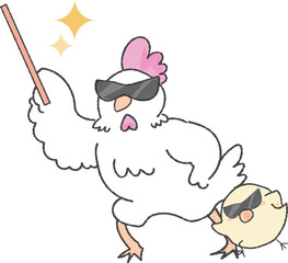 指示棒で指すサングラスをつけたにわとりとひよこ