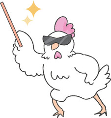 指示棒で指すサングラスをつけたにわとり