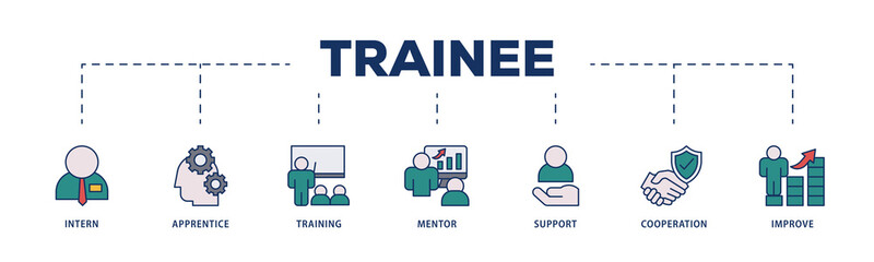 Trainee icons process structure web banner illustration of intern, apprentice, training, mentor, support, cooperation and improve icon png transparent background.