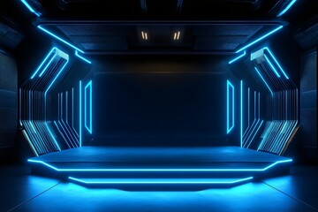 Futuristic sci fi stage background illuminated with blue neon lights in a dark room, perfect for product showcase or presentations