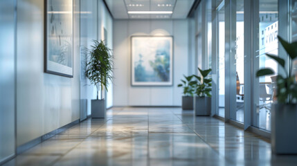 Fototapeta premium Front view on blank grey wall in stylish open space office with modern computers on wooden table, light glossy floor