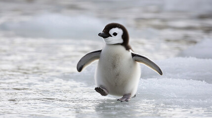 Naklejka premium Adorable Baby Penguin waddling on ice 