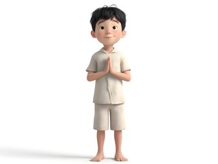 Fototapeta premium Highly 3D animation of a centered full body figure of a young East Asian boy aged 6 8 years old posed on a plain white background with no shadows or distractions Ideal for product displays