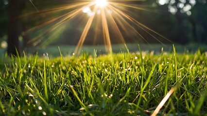 Sunlight shine from top of landscape close-up view of grass on ground, fresh morning summer vibe image, nature and plants