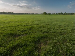 Obraz premium Wide landscape view of green plains under blue sky with trees in horizon, green vast plains full of grass