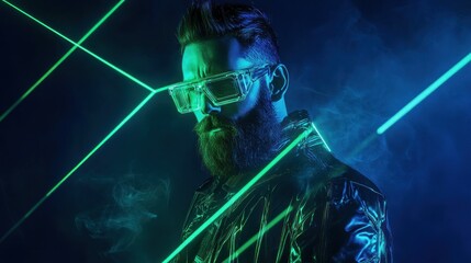 Man with neon lasers in futuristic environment