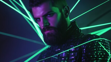 Obraz premium Modern man in futuristic attire with laser effects