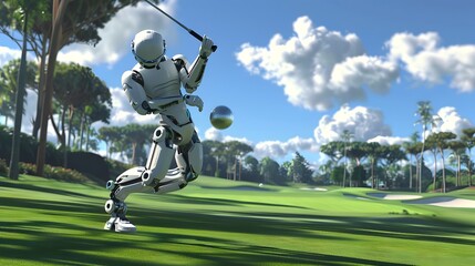 Robot Golfer Swinging Club: A robot golfer in mid-swing, sending a golf ball soaring over a pristine course.
