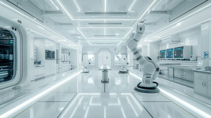 Obraz premium white futuristic digital laboratory interior in semiconductor manufacturing factory with machine, computer screen and robotic arms