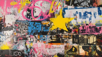 Obraz premium A wall covered in colorful graffiti, stickers, and posters.