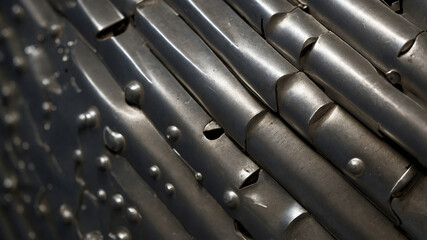 Close-up of metal with rivets under natural light highlights details and texture.