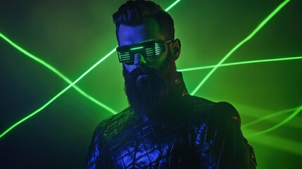 Bearded man in dark suit with green laser beams.