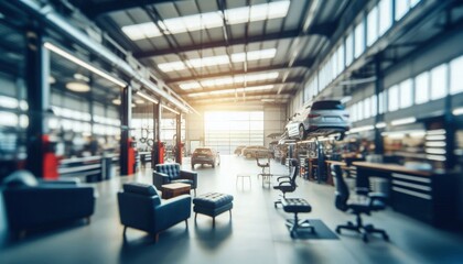 Abstract blur of a modern car garage interior, with indistinct shapes of vehicles and equipment, softly defocused to create a sense of motion and activity in an auto repair workshop