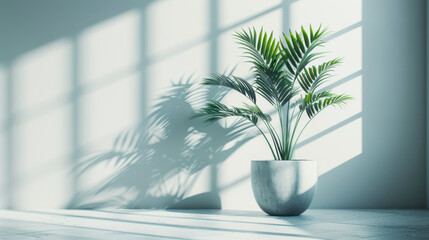 Minimalistic light background with blurred palm plant pot shadow on a light wall