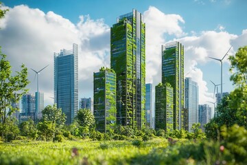 Fototapeta premium A futuristic city powered by solar and wind energy, with skyscrapers covered in greenery, renewable infrastructure, sustainable urban future