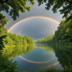 Naklejka premium Rainbow Double Over Lake Natural Spectrum Reflections on Water Surrounded by Trees