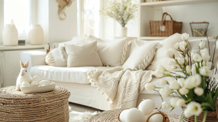 Stylish interior of light living room with Easter decor.