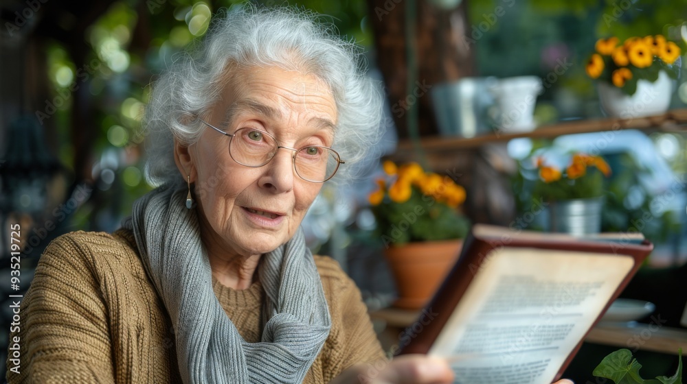 Sticker a photorealistic image of a senior citizen reading a recipe