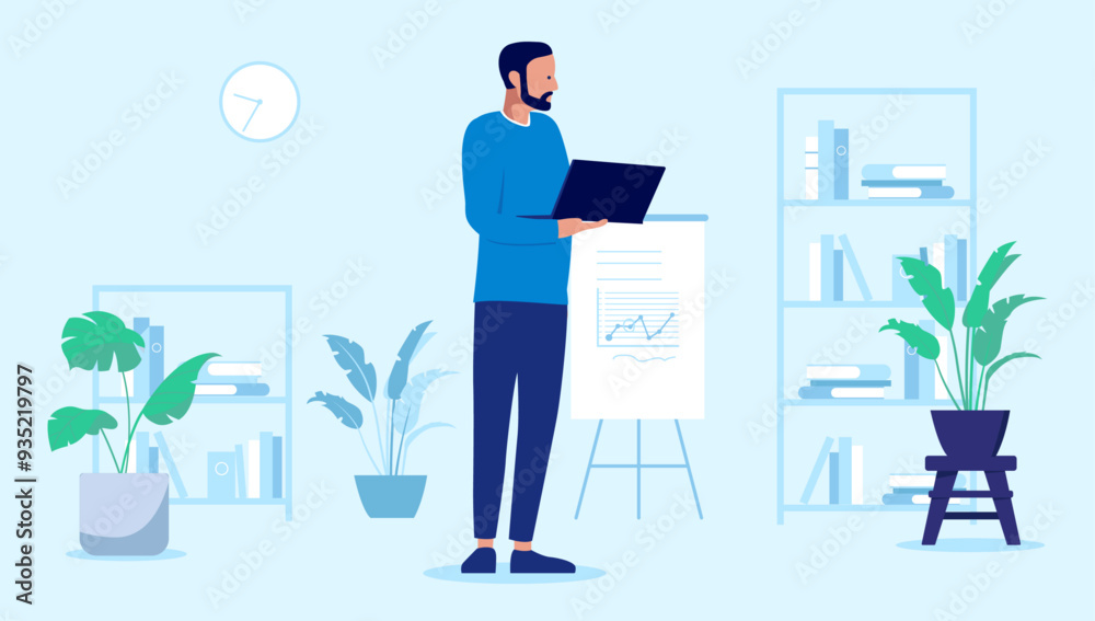Poster man with laptop in office - one developer or it worker standing alone holding computer in hands at w