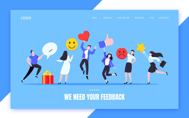 Employee feedback work satisfaction survey business concept flat vector illustration. Employee or customer feedback rating opinion with people and social icons - thumb, smile emoji, stars and heart.