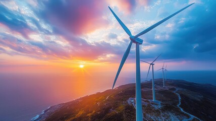 Wind turbines turning on a serene coastal landscape at sunrise, representing the future of green energy, wind energy, renewable natural harmony
