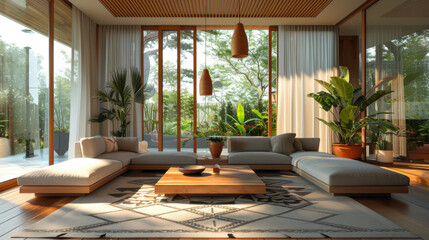 Obraz premium Interior design, modern natural wood living room featuring expansive floor-to-ceiling windows with sheer curtains