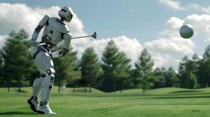 Robot Golfer Swinging Club: A robot golfer in mid-swing, sending a golf ball soaring over a pristine course.
