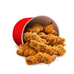 Fried Chicken hot crispy strips crunchy pieces of tenders in a Bucket - large Red box isolated in...