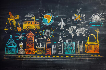 Obraz premium Close up drawing sketches travel's symbols or icons if tourism