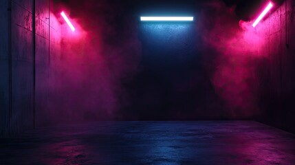 Dark empty room with concrete floor, neon lights and smoke. Abstract background