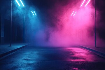 Dark empty room with concrete floor, neon lights and smoke. Abstract background