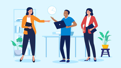 Obraz premium People smiling at work in office - Group of three businesspeople talking, discussing and having conversation and a good time at workplace together. Flat design vector illustration