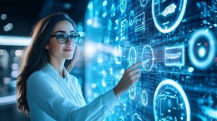 Woman Interacting with Futuristic Interface