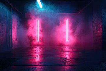 Dark empty room with concrete floor, neon lights and smoke. Abstract background