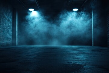 Dark empty room with concrete floor, neon lights and smoke. Abstract background