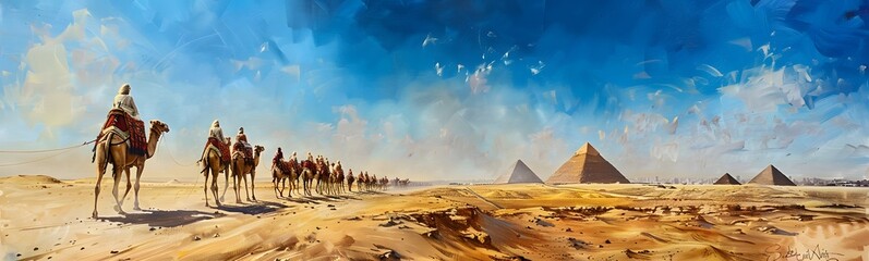 pyramids giza cairo in egypt with camel caravane panoramic scenic view. 