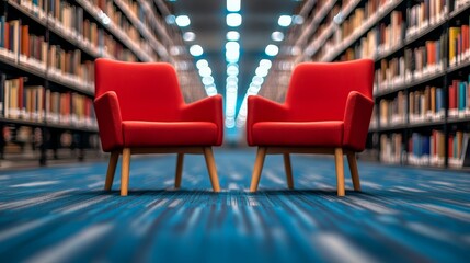 Obraz premium Red Armchairs in a Blurred Library Setting
