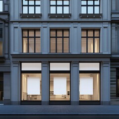 Fototapeta premium Elegant Exterior Mockup: Office Building with White Posters on Windows. Minimalist Urban Architecture for Advertising and Marketing. Creative Template for Graphic Design, UI, Web Banners, and High-Res