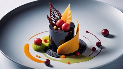 Gourmet dessert with black, yellow and red elements.