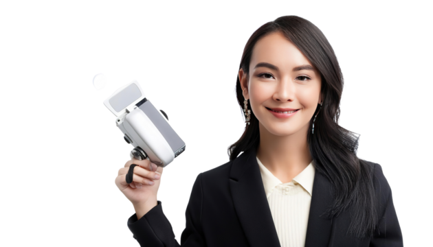 businesswoman holding a gadget on transparent background