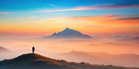 Minimalist mountain landscape at dawn with a lone figure and soft pastel sky, mountain, landscape, minimalist