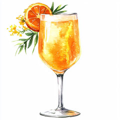 Orange cocktail with mimosa flower and sliced ​​orange,leaves and mimosa flower. on a white background.[A-0003]