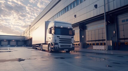 Naklejka premium Truck driving on highway with beautiful scenery, Logistics delivery scene