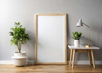 a minimalist interior setting. There is a large, empty wooden frame leaning against a light gray wall. To the left of the frame, there is a potted plant with lush green leaves placed on a white pot