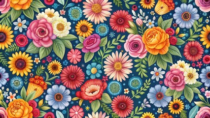 Seamless floral pattern featuring various colorful flowers , botanical, nature, blooming, vibrant, elegant, background, design