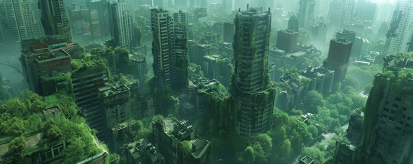 Obraz premium Dystopian city with overgrown nature reclaiming the buildings, post-apocalyptic vision